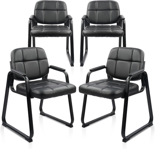CLATINA Waiting Room Guest Chair with Bonded Leather Padded Arm Rest for Office Reception and Conference Desk Black with Sled Base 4 Pack