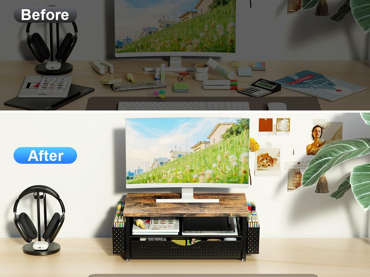 Desk Organizer and Accessories, Computer Monitor Stand Riser with Drawer and 2 Pen Holders, Office Desk Accessories & Workspace Organizers for Office Supplies (Wood)