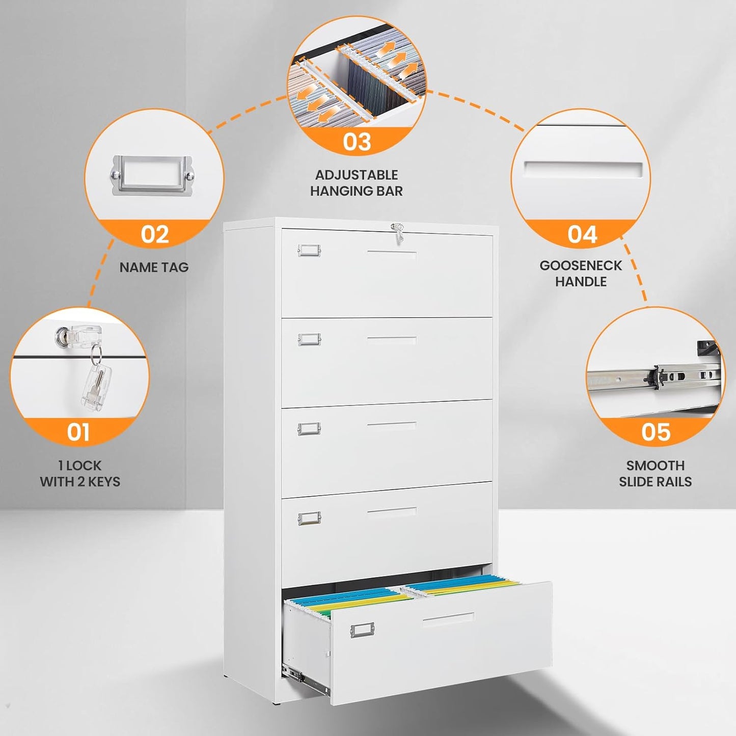 5 Drawer File Cabinets for Home Office, Metal Filing Cabinet with Lock, White Locking File Caninet Five Drawer, Office Storage Caninets Steel Cabnet for Letter/Legal/A4/F4-Assembly Required