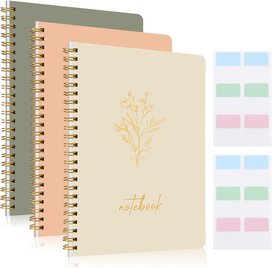 3 Pcs Spiral Notebook 5.9x8.3, 140 Pages Small Notebook for Women A5 College Ruled Journals Cute Notebooks with Large Pockets and Index Stickers for Home School Office Use（Green, Beige, Orange）