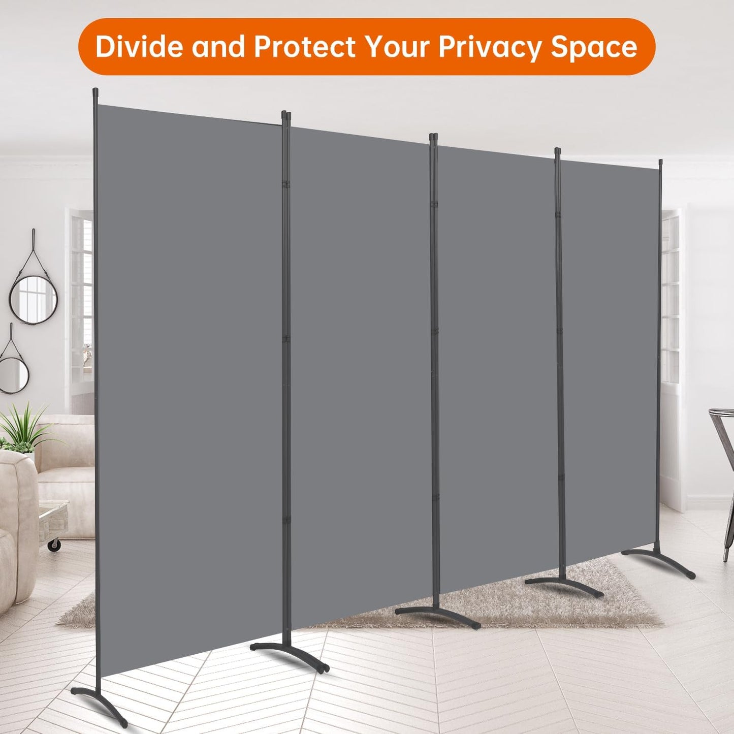 Room Divider 6FT Folding Privacy Screens, Partition Room Dividers w/Freestanding Design, Portable Wall Divider for Room Separtation, Fabric Screen Panel for Home Office Dorm (Grey, 4 Panel)