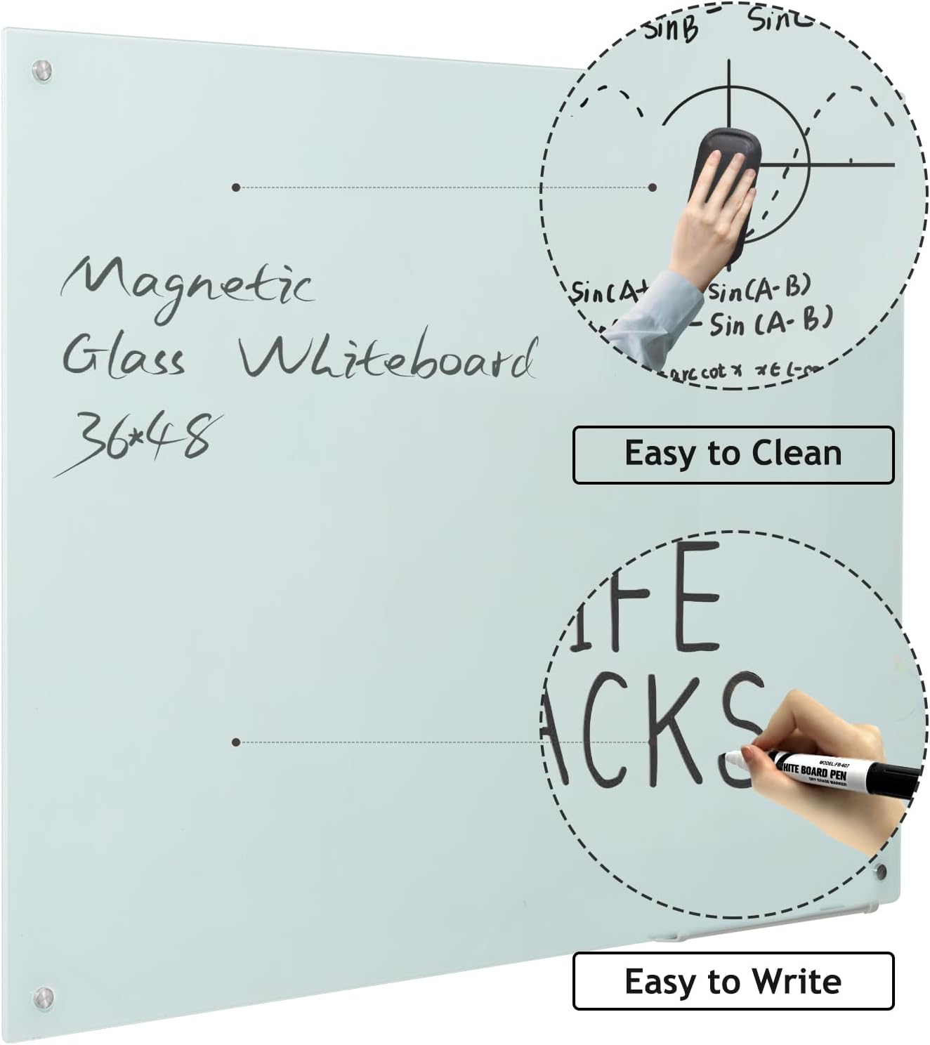 Magnetic Glass Dry Erase Board - White Board 48 x 96 Inch Wall Mounted Glass Whiteboard, Large Frameless White Board for Wall Office, Home & School,