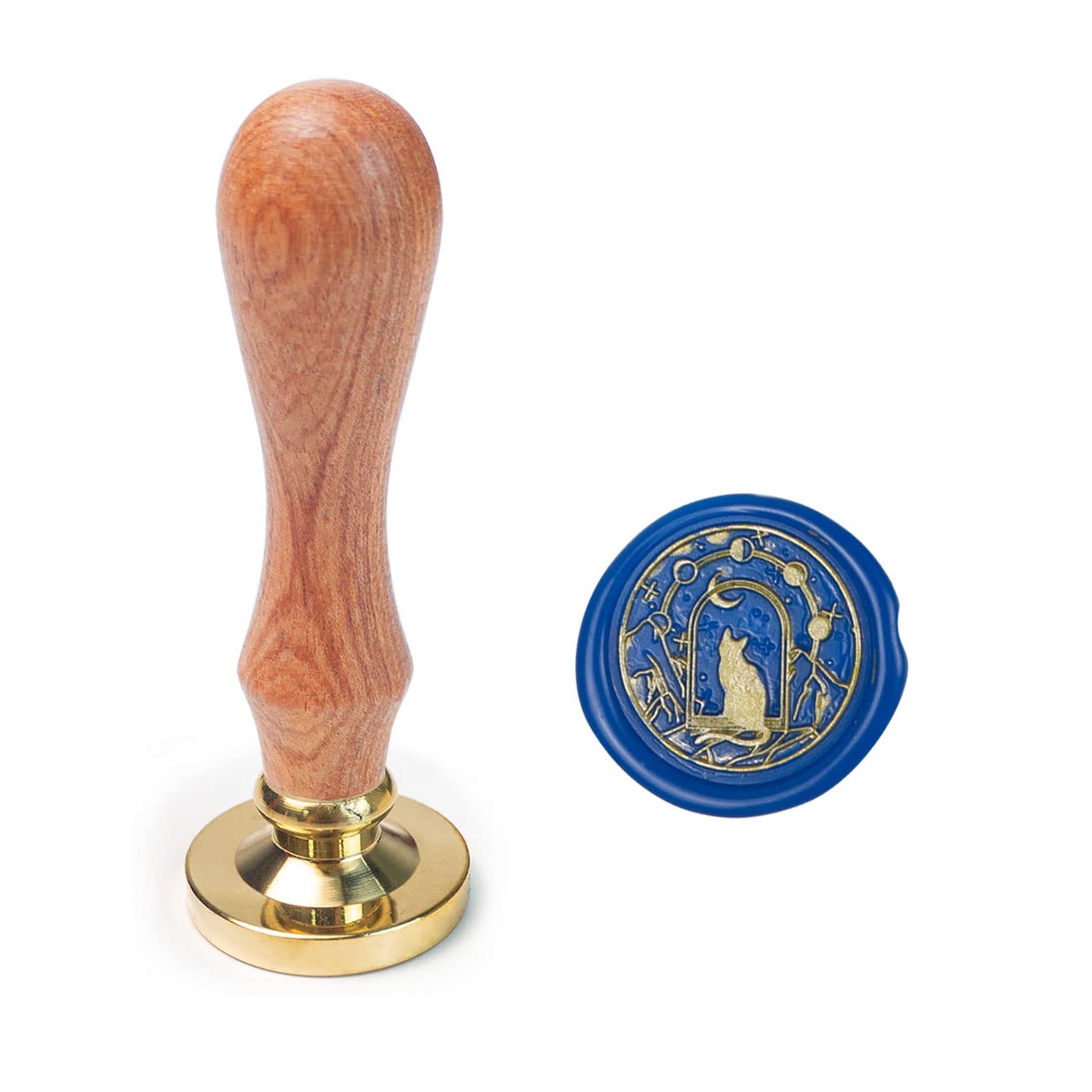 Wax Seal Stamp With Removable Brass Head Wooden Handle - Moon Star Cat Design for Envelope Sealing