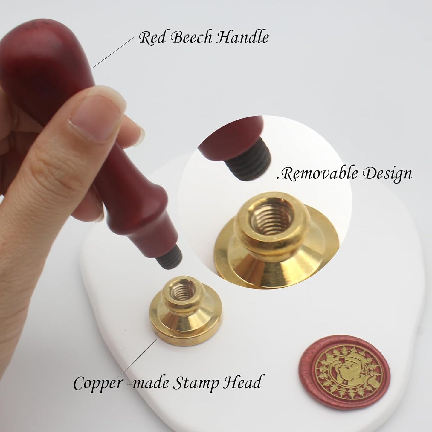 Wax Seal Stamp Set - 6 Pcs Botanical Copper Seals, 1 Wooden Hilt, Kit Including Eucalyptus, Bee, Daisy, Rosemary, Tree Life, Letter M Patterns