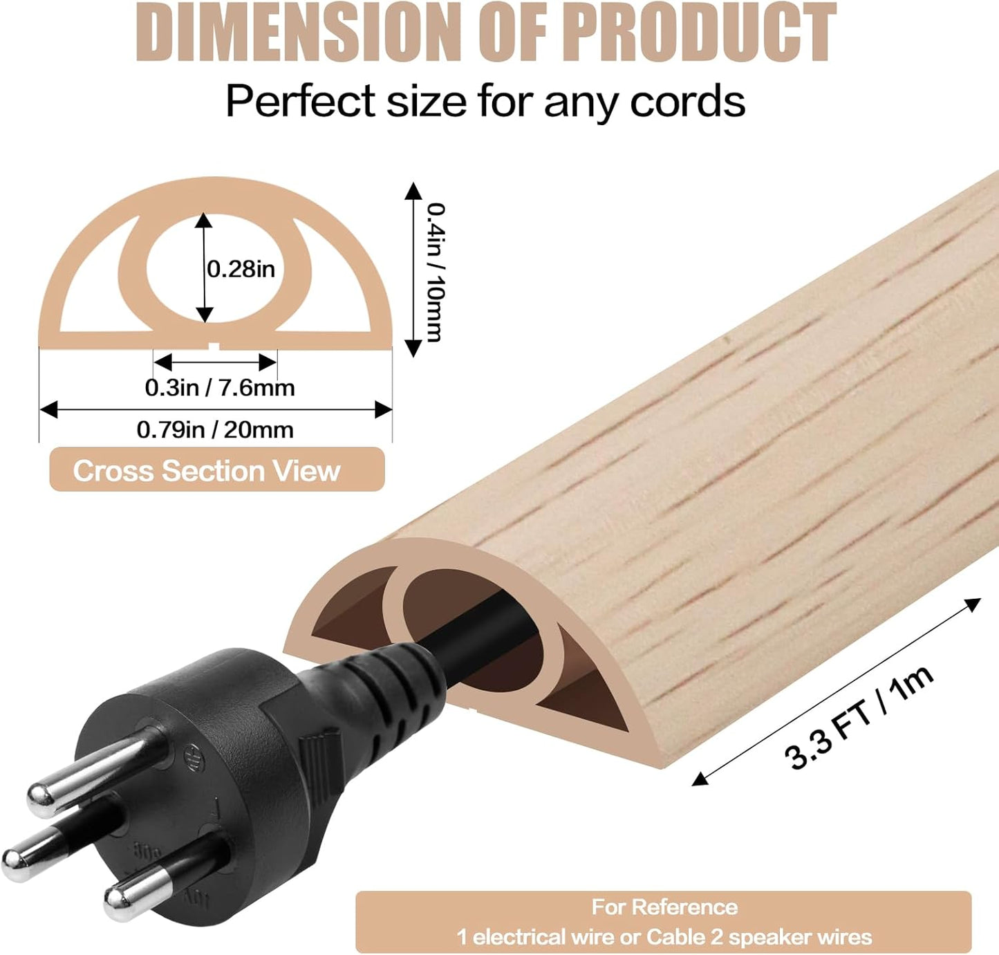Floor Cord Cover Self Adhesive Cord Hider,3.3FT Cable Management, Extension Strip Protector for Wires, Prevent Cable Trips for Offices, Gyms, Exhibitions Cavity:0.3"(W) x 0.28"(H) Yellow Wood