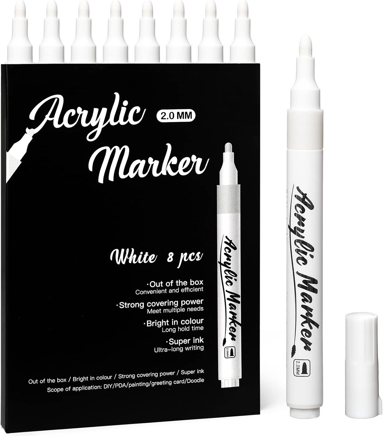 White Markers Pen, 8 Pack Paint Pens, Fine Tip Acrylic White Permanent Markers for Sketching, Drawing, Wood, Rock, Tyres, Plastic, Leather, Glass, DIY Painting