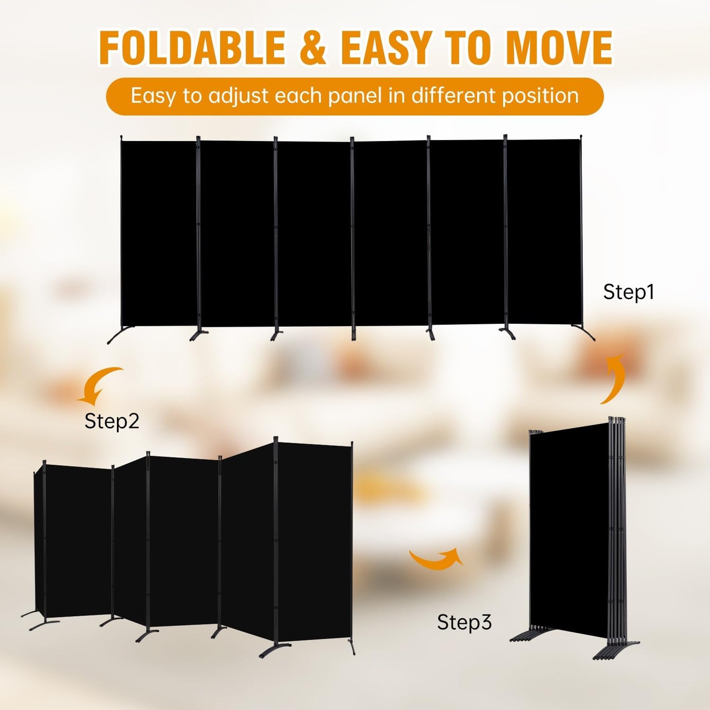 6 Panel Folding Privacy Screens, 6 FT Tall Wall Divider with Metal Frame, Freestanding Room Divider for Office Bedroom Study (6 Panel, Black)