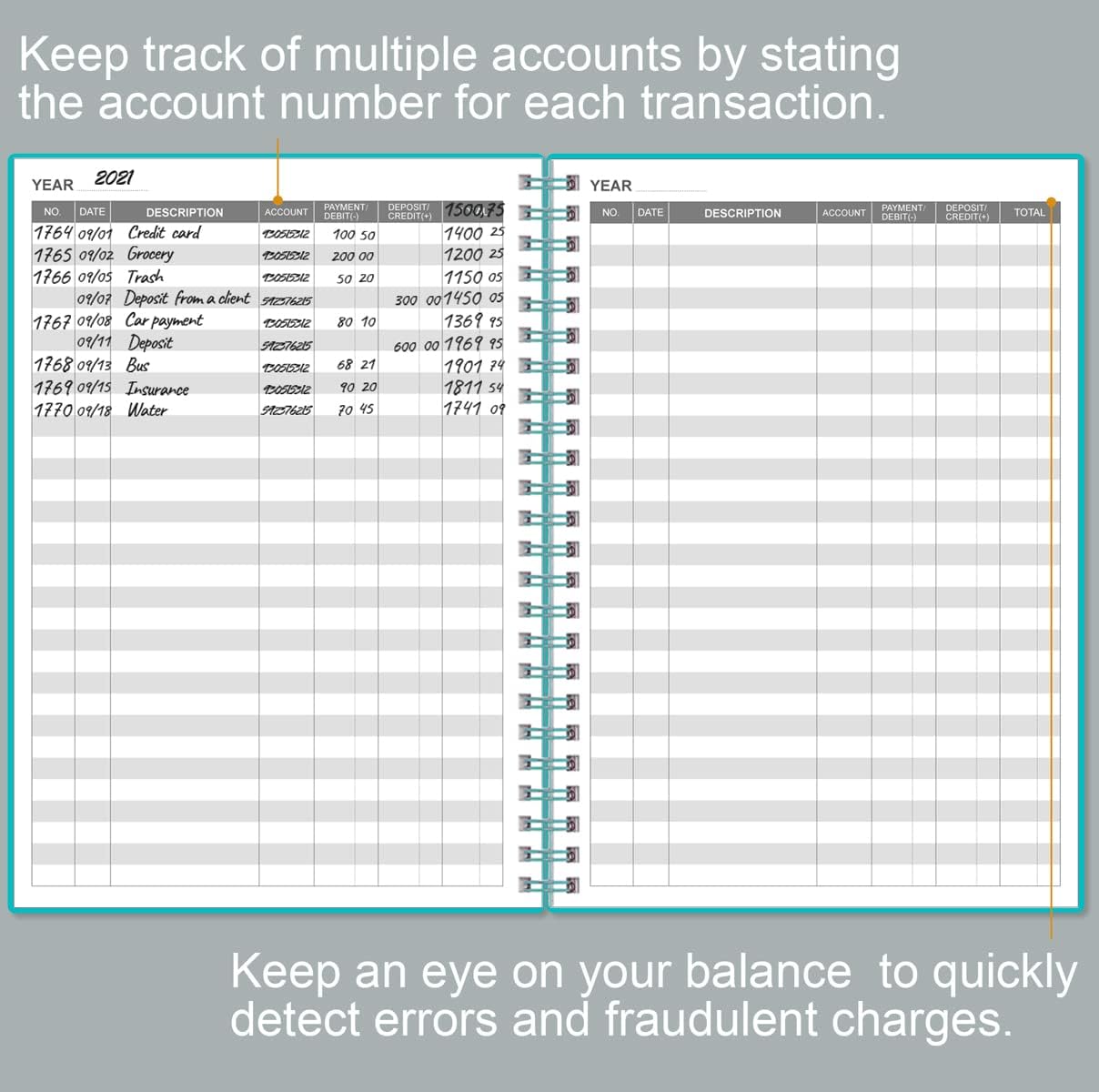Accounting Ledger Book - A5 Ledger Book for Bookkeeping, Small Businesses & Personal Use, Expense Tracker Notebook for Tracking Money, Expenses, Deposits & Balance, 5.8" x 8.4", Teal