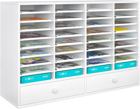 Mail Sorter Wood Literature Organizer, Student Mailbox for Classroom, Desktop Bill Paper Holder for Office Home School, 38 Compartments, White