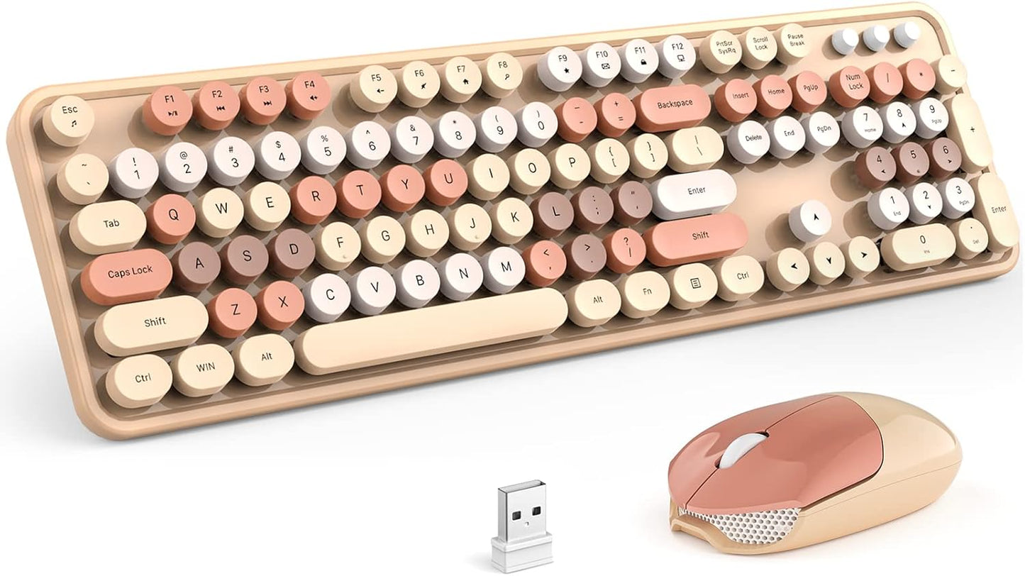 Wireless Keyboard and Mouse, 2.4Ghz USB Retro Full Size Typewriter Keyboard and Sport Car Mouse Combo for Mac, Windows 7/8/10, Laptop, Desktop, PC, Computer (Milk Tea Colorful)