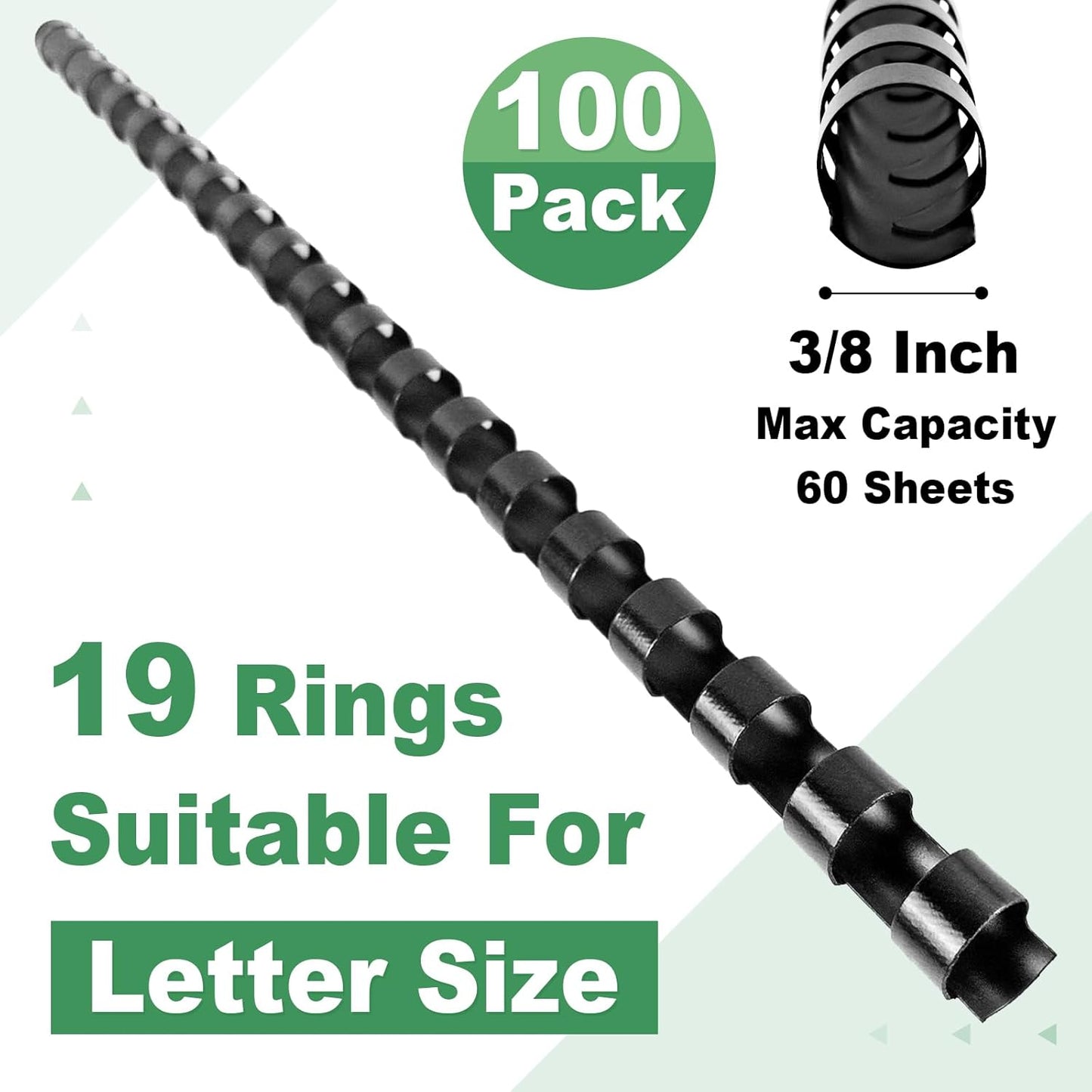 HOUYEE 100 Pack 3/8 Inch Plastic Binding Comb 19 Ring, 60 Sheet Capacity, Black Comb Binding Spines for Letter Size Paper