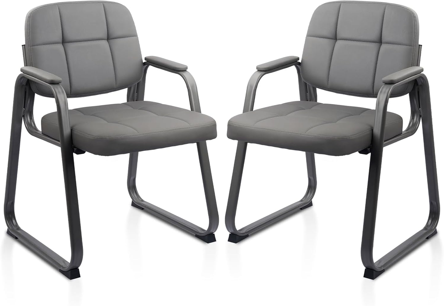 CLATINA Waiting Room Guest Chair with Bonded Leather Padded Arm Rest for Office Reception and Conference Desk Black with Sled Base Grey 2 Pack