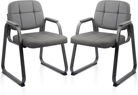CLATINA Waiting Room Guest Chair with Bonded Leather Padded Arm Rest for Office Reception and Conference Desk Black with Sled Base Grey 2 Pack