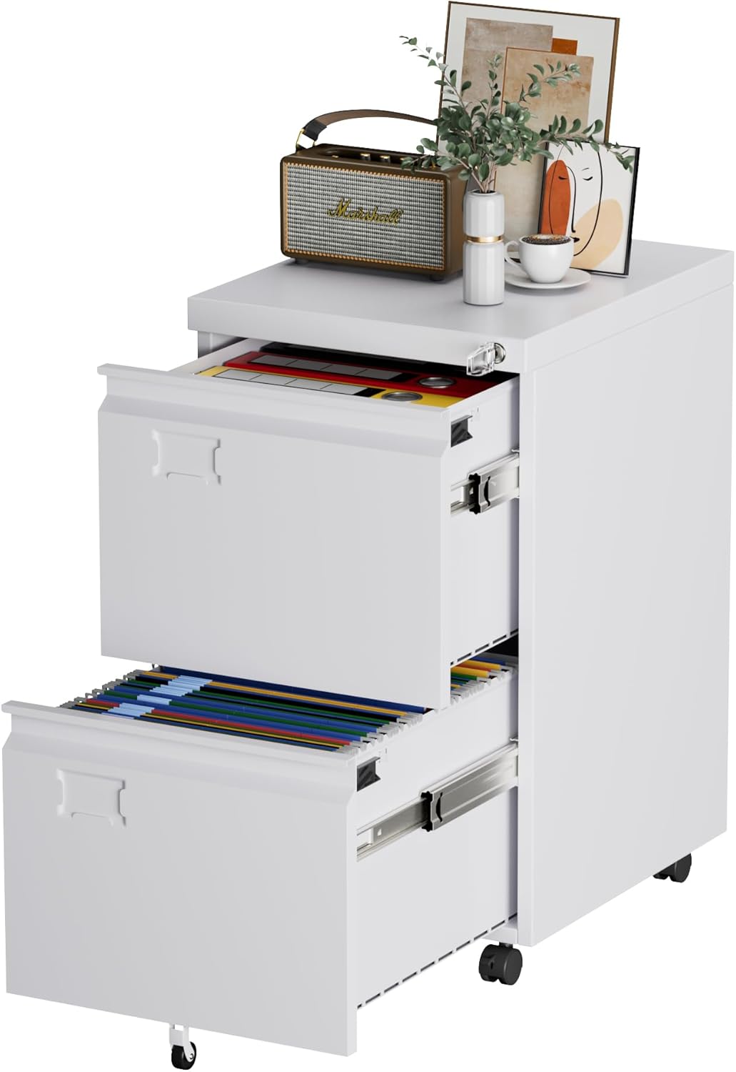 METAN 2 Drawer Vertical File Cabinet with Lock, Mobile Metal Filing Cabinet for Legal/Letter Size, Office Storage File Cabinet Under Desk with Card Holder,Assembly Required,White