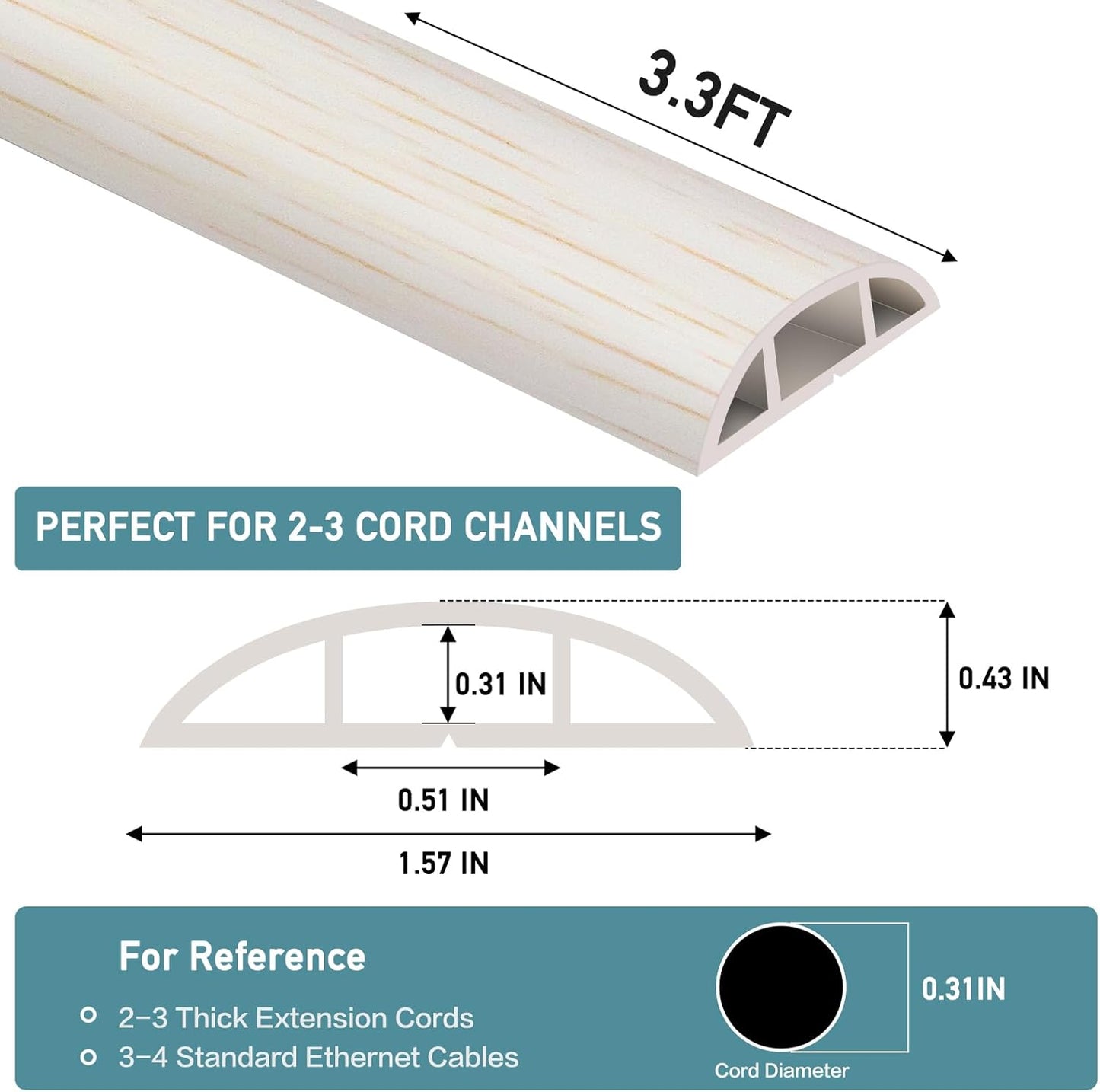 Floor Cord Cover Self Adhesive Cord Hider Floor Extension Cord Covers for Floor Power Cord Protector Cable Management Prevent Cable Trips Cable Cavity 0.51" W x 0.31" H (Beige Wood, 3.3Ft)