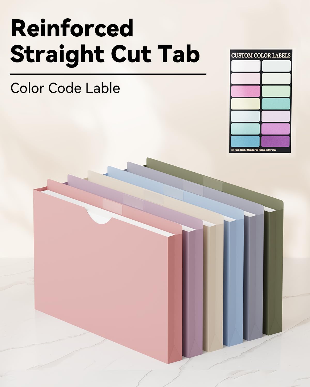 ANSOOK Plastic File Jackets,1" Legal Size Manilla Folders,12 Pack Expanding File Folder,Expansion Pocket,File Cabinet Folders,Reinforced Straight Cut Tab,Morandi Color Manila Folder for Office Home