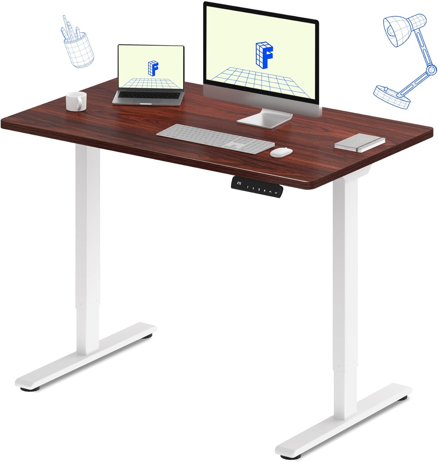 FLEXISPOT E3 Dual Motor Electric Standing Desk 48x30 Inch Whole-Piece Board Height Adjustable Electric Sit Stand Desk (White Frame + Mahogany Desktop, 2 Packages)