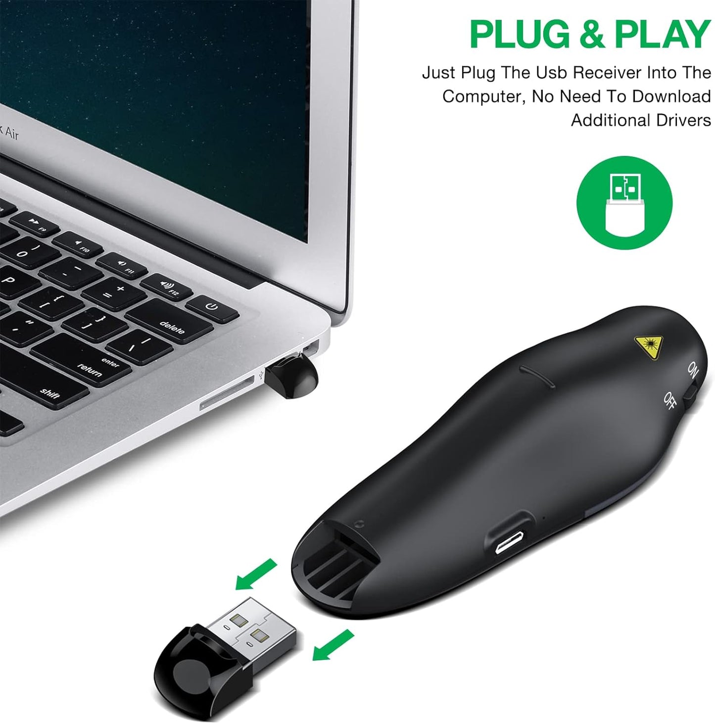 Rechargeable Presentation Clicker Wireless Presenter Remote USB Control Powerpoint PPT Clicker,Green Laser Pointer RF 2.4GHz Presenter Remote Google Slide Advancer for Computer/Laptop/Mac/Keynote