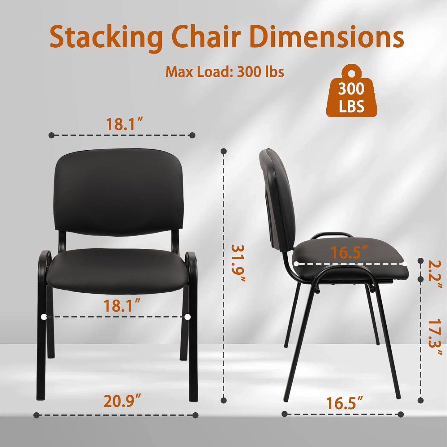 CLATINA Stacking Waiting Room Chairs, PU Leather Armless Office Guest Chair with Metal Frames, Stackable Conference Room Chairs No Wheels for Reception Lobby Side Meeting Training School, Black