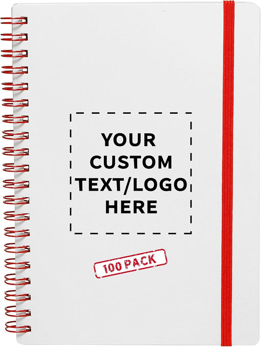 100 White Spiral Notebooks with Elastic Band Pack - Customizable Text, Logo - 80 lined pages, Recycled - Red