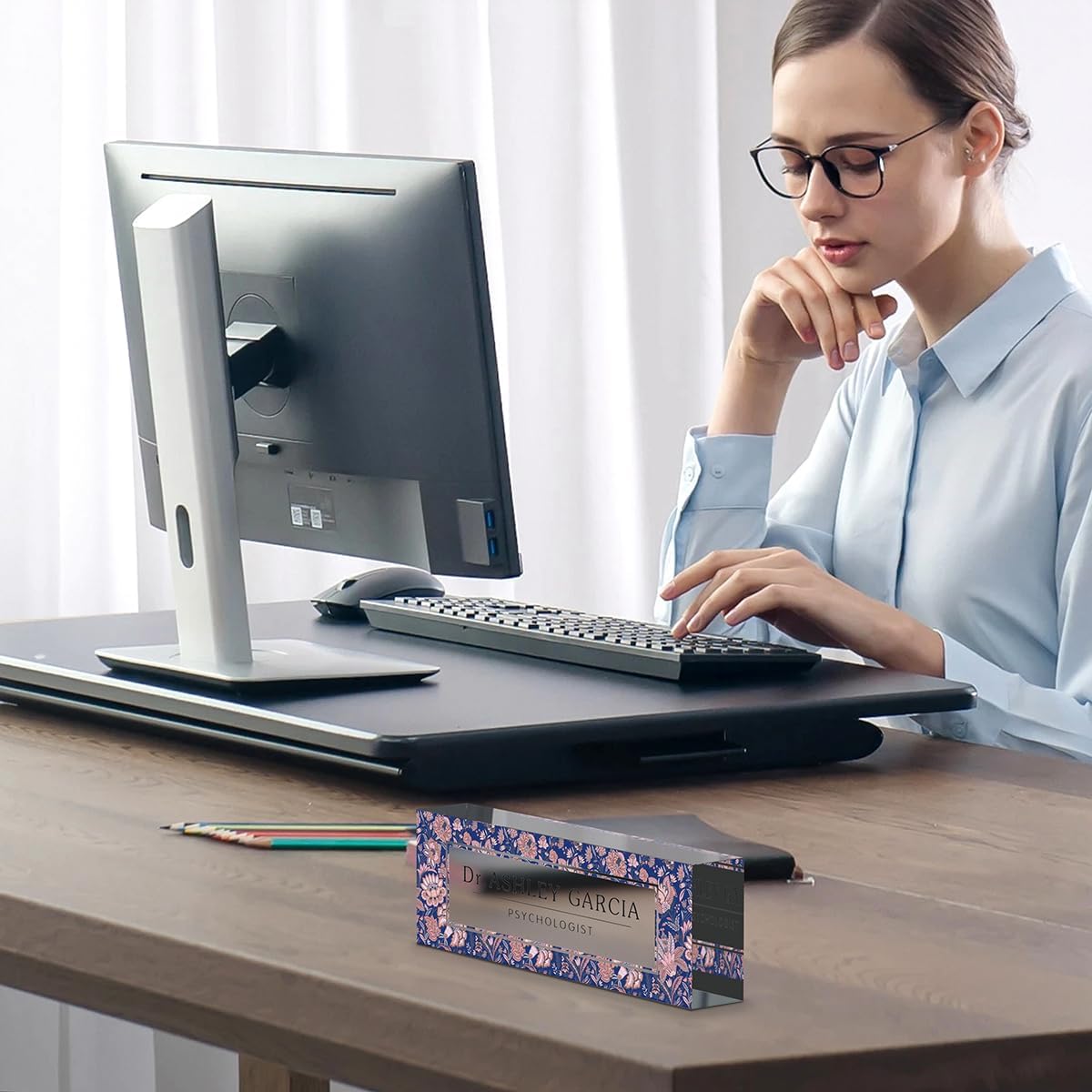 Personalized Office Desk Name Plate on Acrylic Glass - Custom Nameplate Decor, Accessories - Gift for Boss, Coworkers