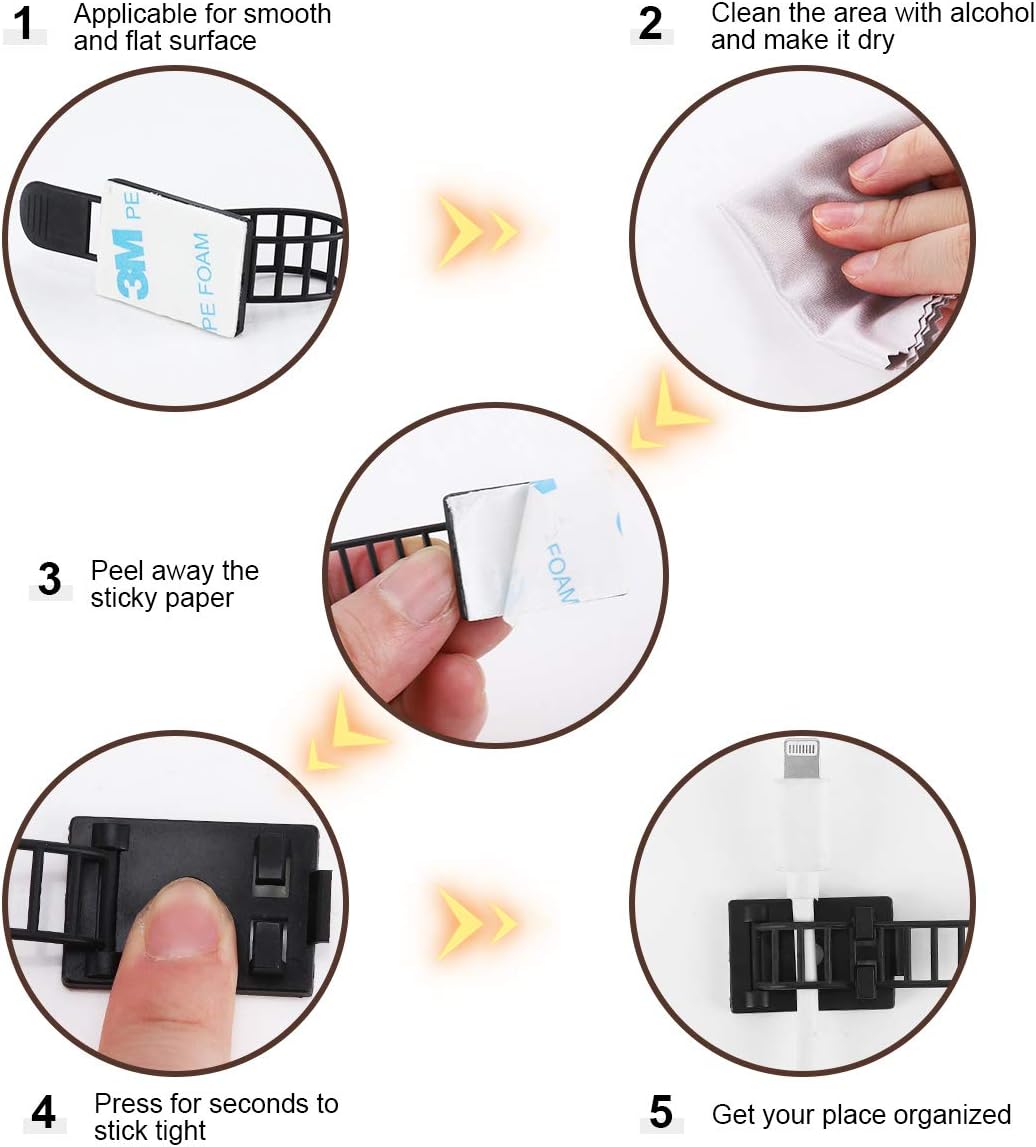 Adhesive Cable Management Clips, 100Pcs Adjustable Nylon Cable Strap Ties Wire Clips Clamps Organizer with Strong Adhesive Tape, Extra Screw & Hole for Strong Fixation Home Office - 3.35 Inch Black