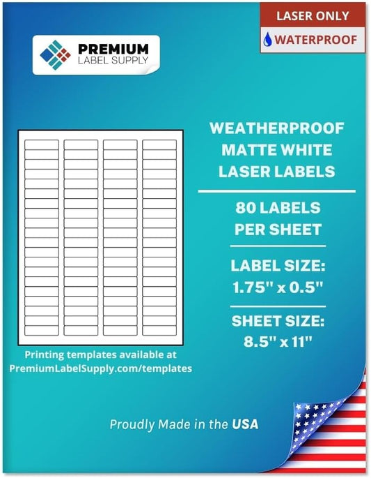 Premium Label Supply Waterproof White Return Address Sticker Labels – 1.75" x 0.5" – Laser Printers Only – (80 per Sheet), 500 Sheets - 40,000 Total Adhesive Labels