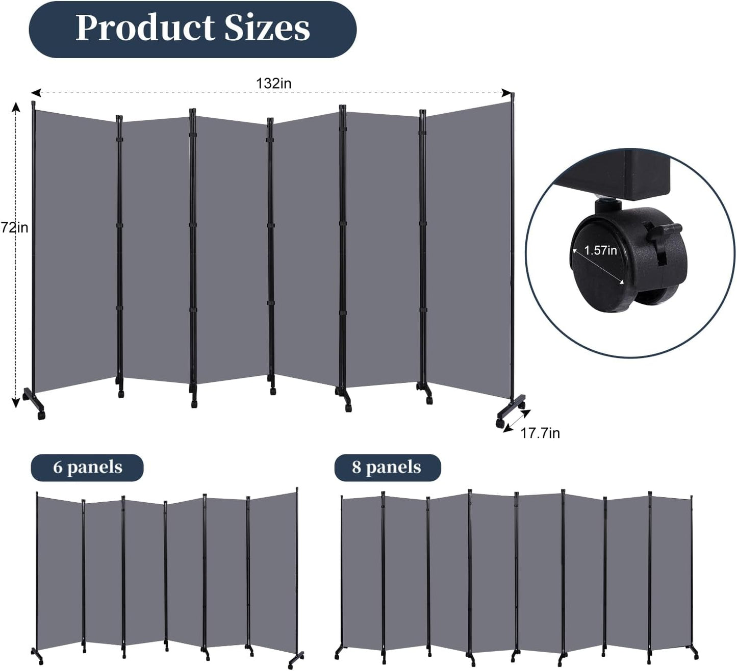 Room Divider Folding Privacy Screens with Lockable Wheels, 132'' Fabric Partition Room Dividers Freestanding Room Divider Panel for Room Separation, Wall Divider for Home Office Bedroom Studio Decor