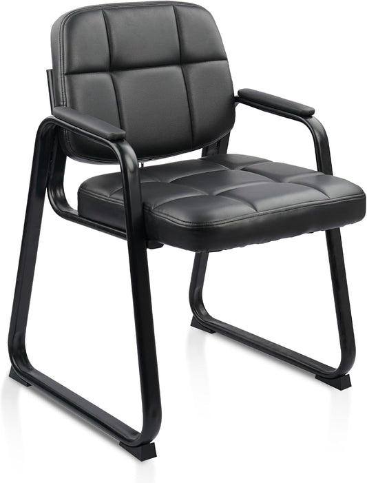 CLATINA Waiting Room Guest Chair with Bonded Leather Padded Arm Rest for Office Reception and Conference Desk Black with Sled Base