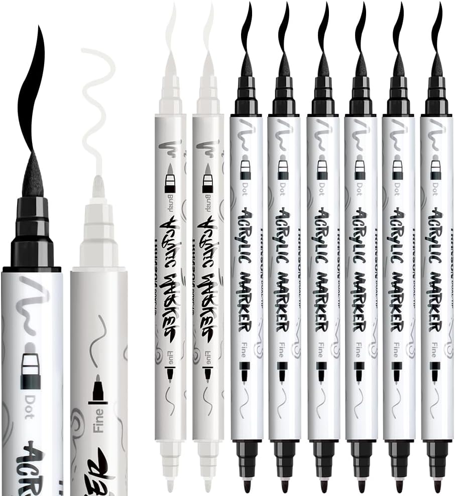 TRANSON 6 Black and 2 White Paint Markers Brush and Fine Dual-tip Acrylic Paint Marker for Rock Glass Canvas Wood Leather Ceramic DIY Painting