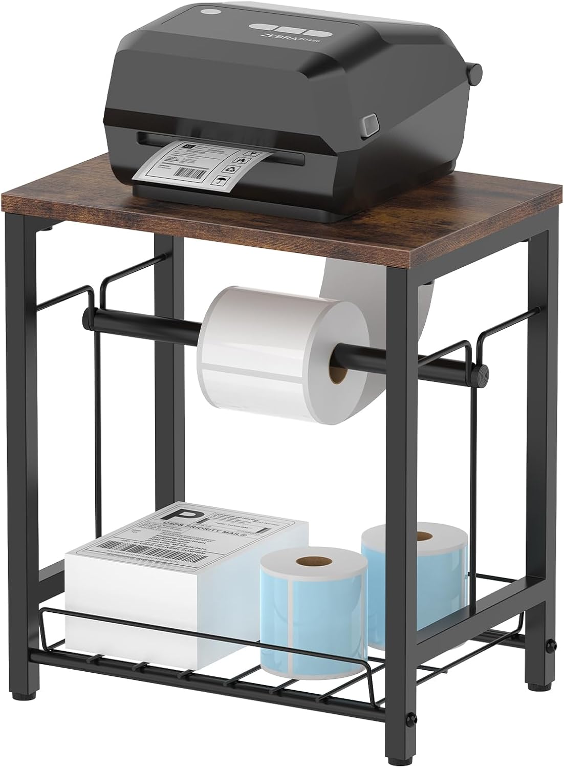 NANANARDOSO Label Holder for Thermal Printer with Basket,Wooden Label Holder for Shipping Label Printer,Sticker Roll Holder for Home, Office Small Business,Brown