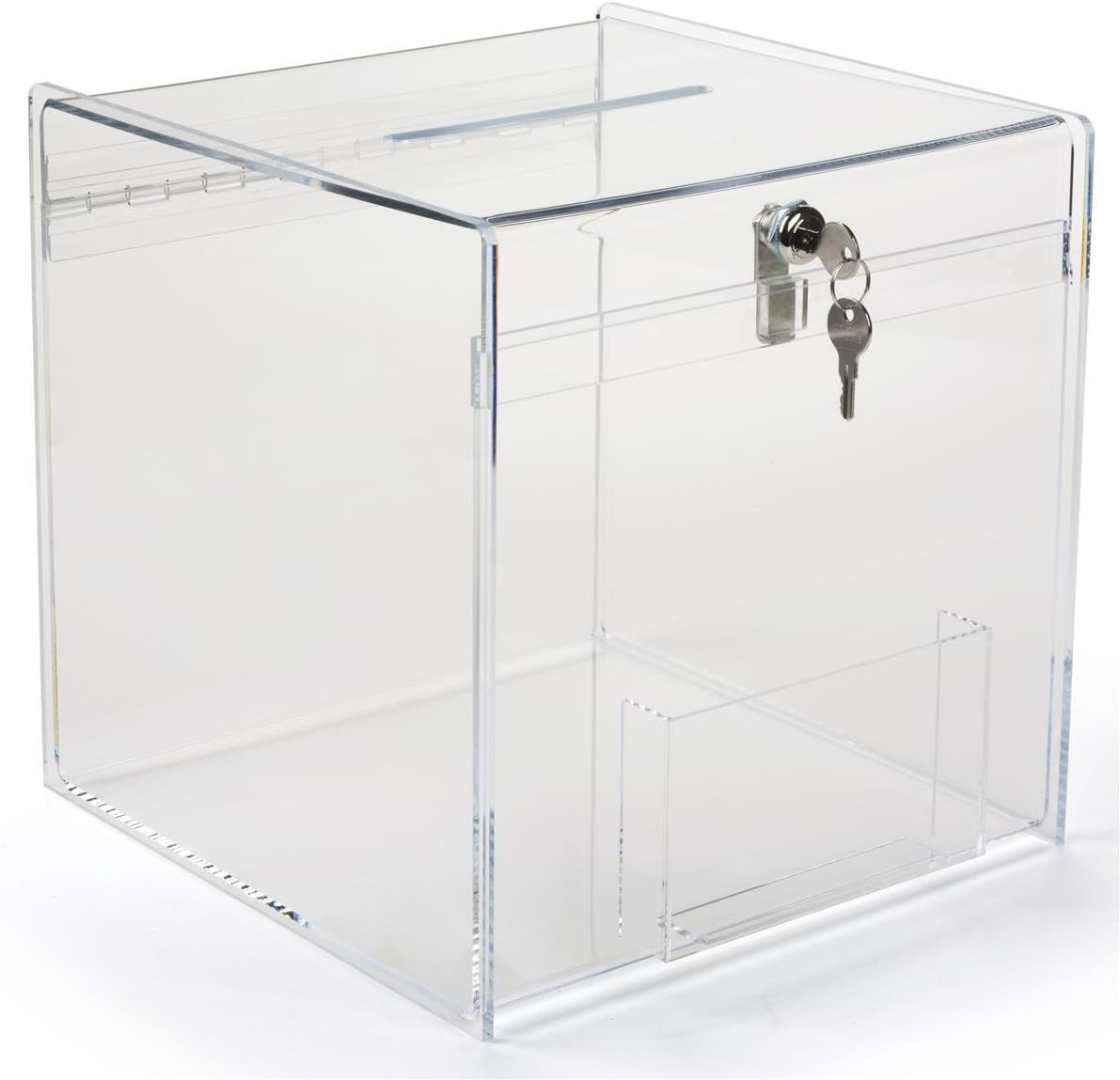 12 inch Cube Ballot Box, Suggestion Box with Key Lock and Side Pocket, Security Pen Included - Clear Acrylic