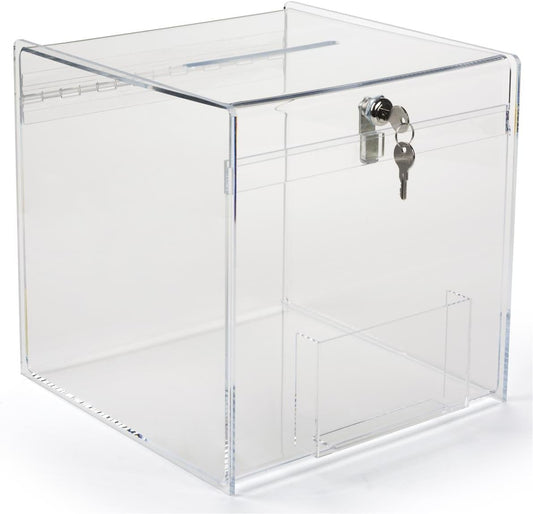 12 inch Cube Ballot Box, Suggestion Box with Key Lock and Side Pocket, Security Pen Included - Clear Acrylic