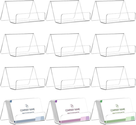 Hedume 12 Pack Business Card Holder for Desk, Office Acrylic Business Card Table Top Display Holders, Clear Name Card Holder Stand, Capacity: 50 Cards