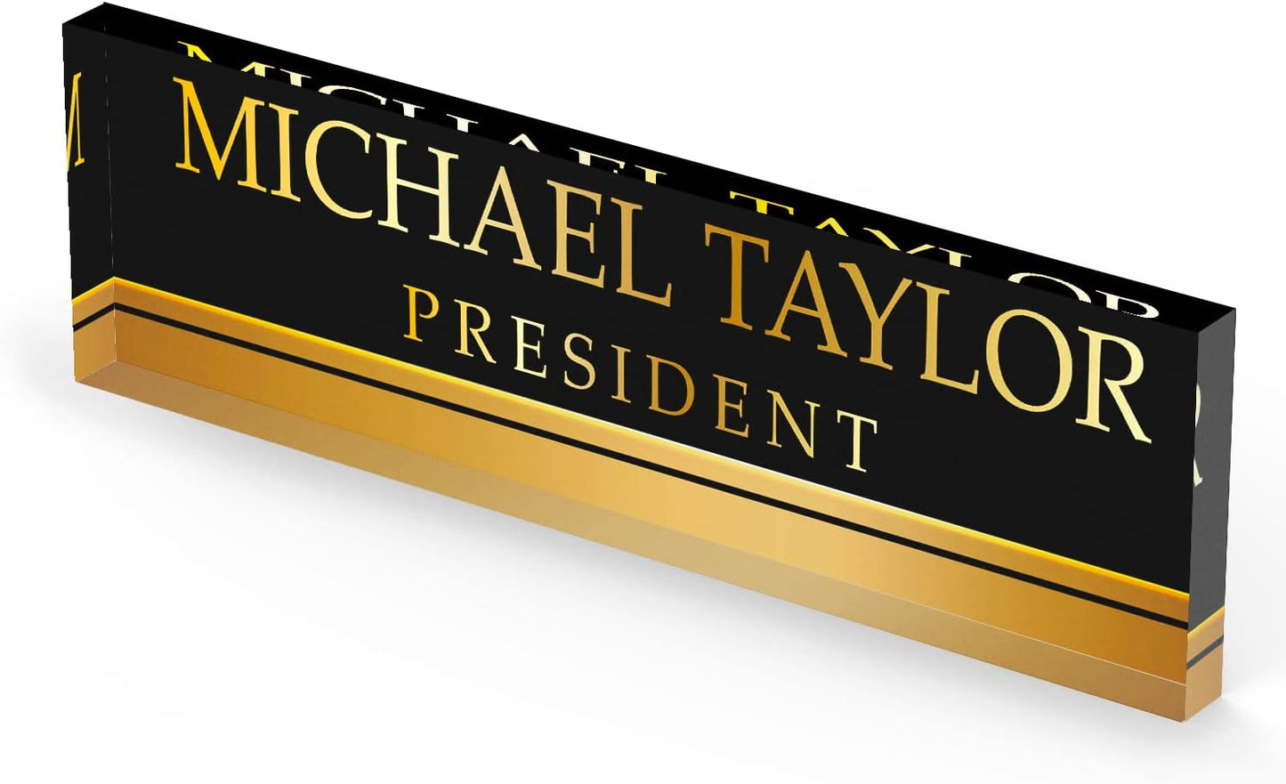 Artblox Personalized Office Desk Name Plate With Business Card Holder | Clear Acrylic Glass with Teak Wood Stand | Black Gold Stripe Design Customized with Your Name and Credentials Office Desk Décor