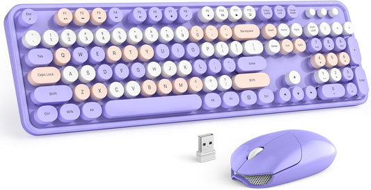 MOFII Wireless Keyboard and Mouse Combo Purple Colorful Full Size Round Key Typewriter Keyboards, 2.4G USB Keyboard Mice with 2-1 Nano Dongle for Computer Laptop PC Desktop Chromebook Smart TV