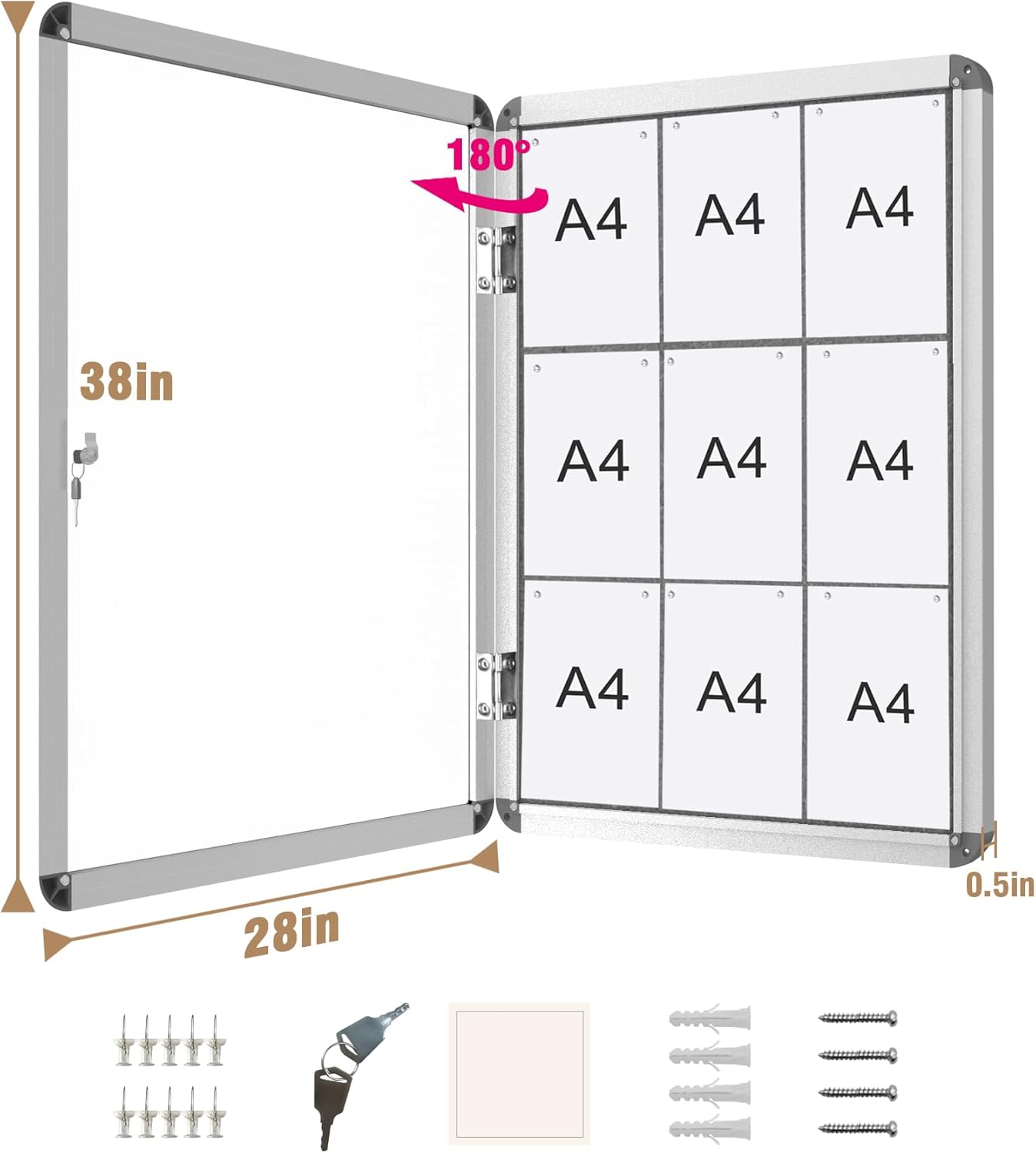 38"x28" Enclosed Bulletin Board, Lockable Weather-Resistant Aluminum Cork Noticeboard for School & Office, Silver Frame w/Grey Flet