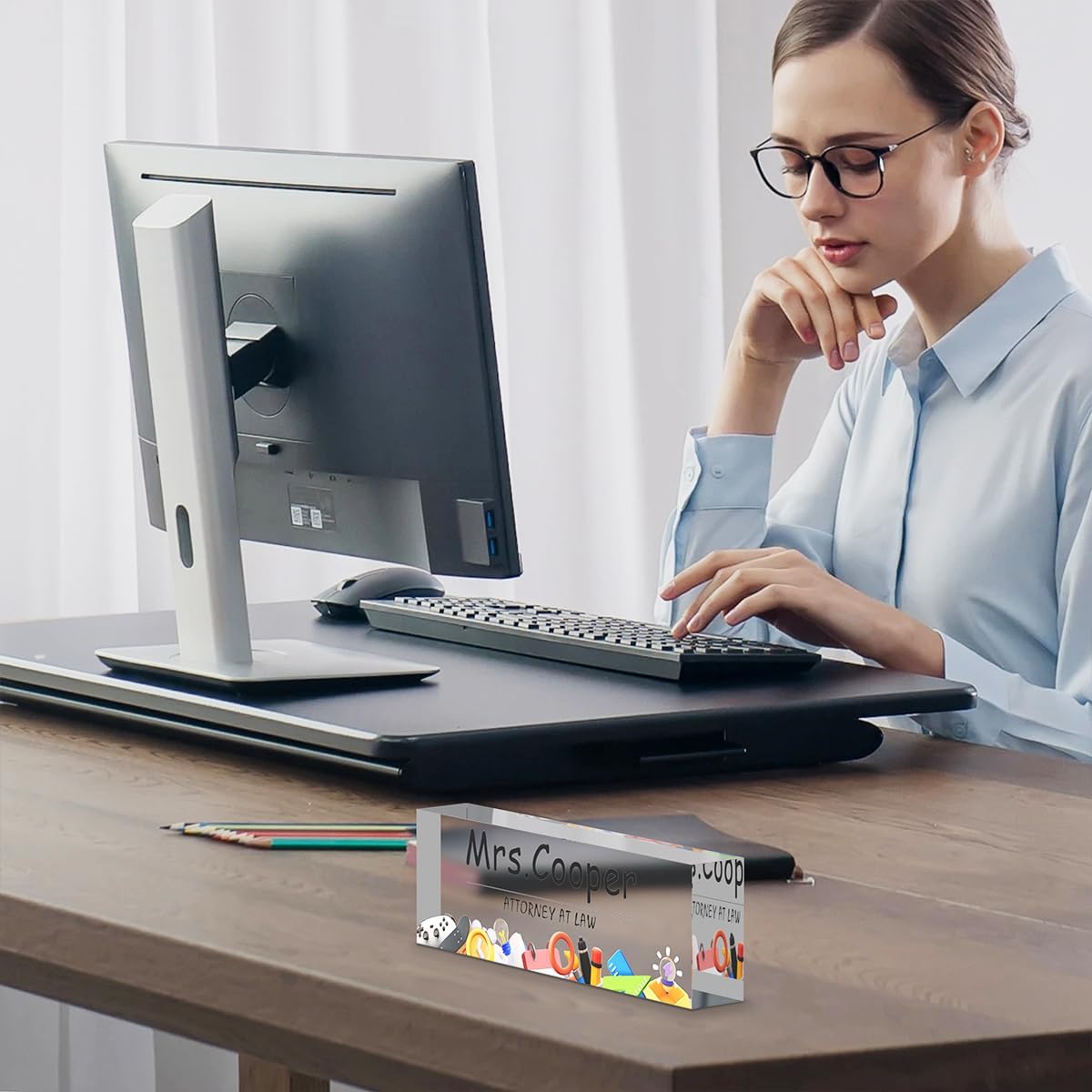 Personalized Office Desk Name Plate on Acrylic Glass - Custom Nameplate Decor, Accessories - Gift for Boss, Coworkers