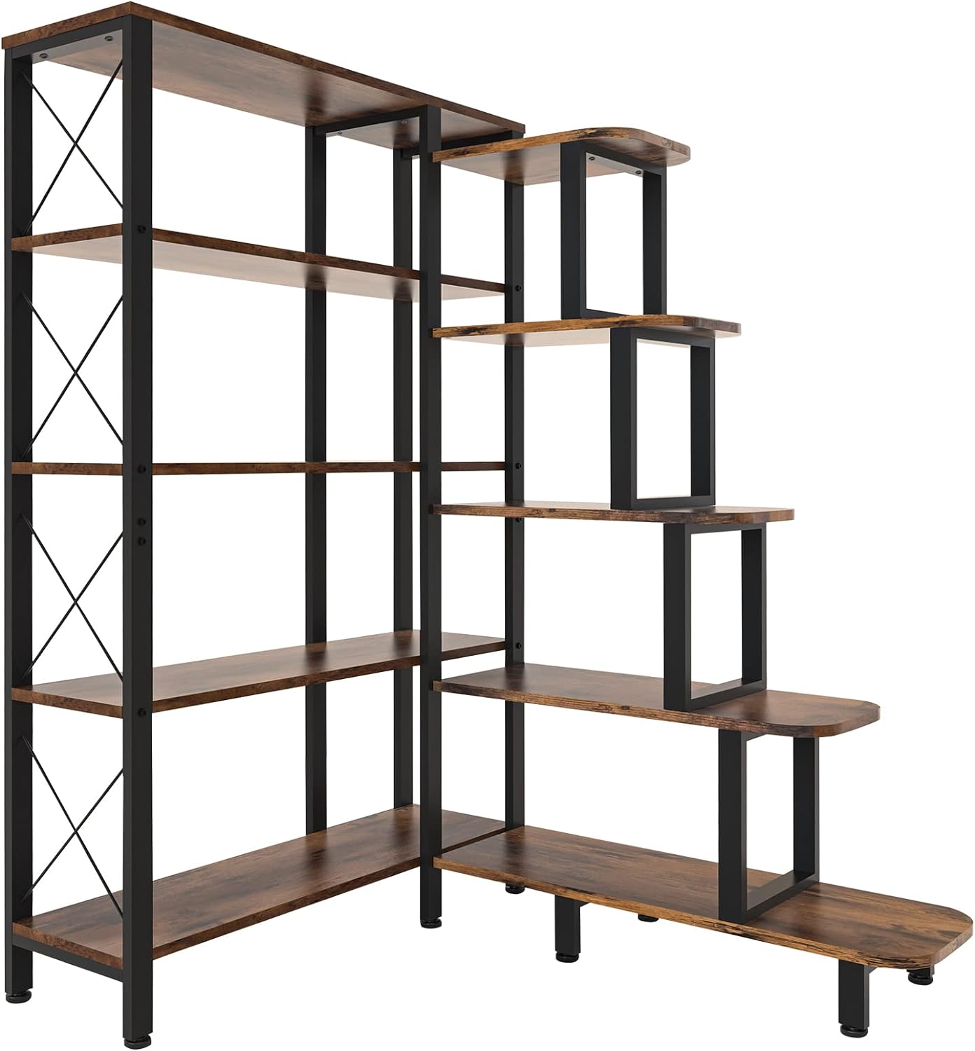 Large Corner Bookshelf Bookcase, Industrial Reversible 5 Tier Ladder Shelves Storage Display Rack with Metal Frame, Modern Home Office Furniture for Living Room Bedroom