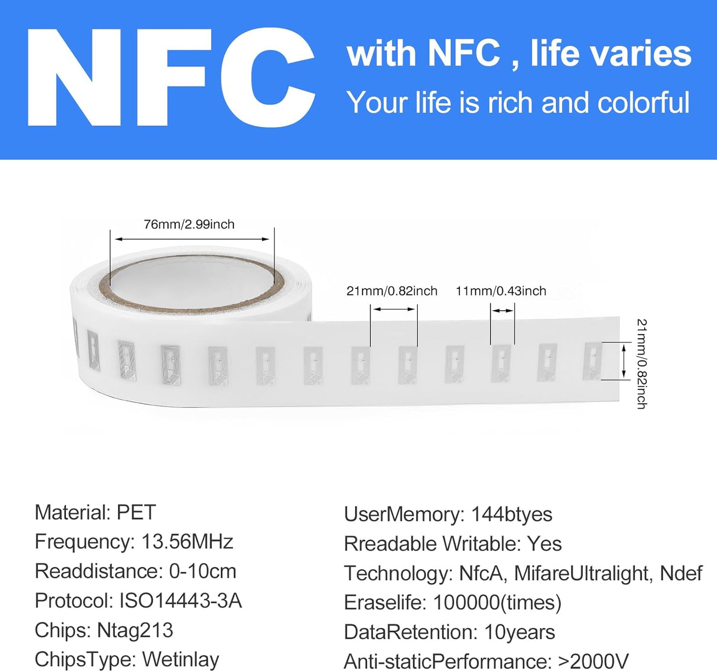 100 PCS NFC Tags Sticker with NTAG213 Chip Blank NFC Stickers Adhesive Labels RFID Tags Rewritable 137 Bytes Memory Compatible with All NFC-Enabled Smartphones and Devices