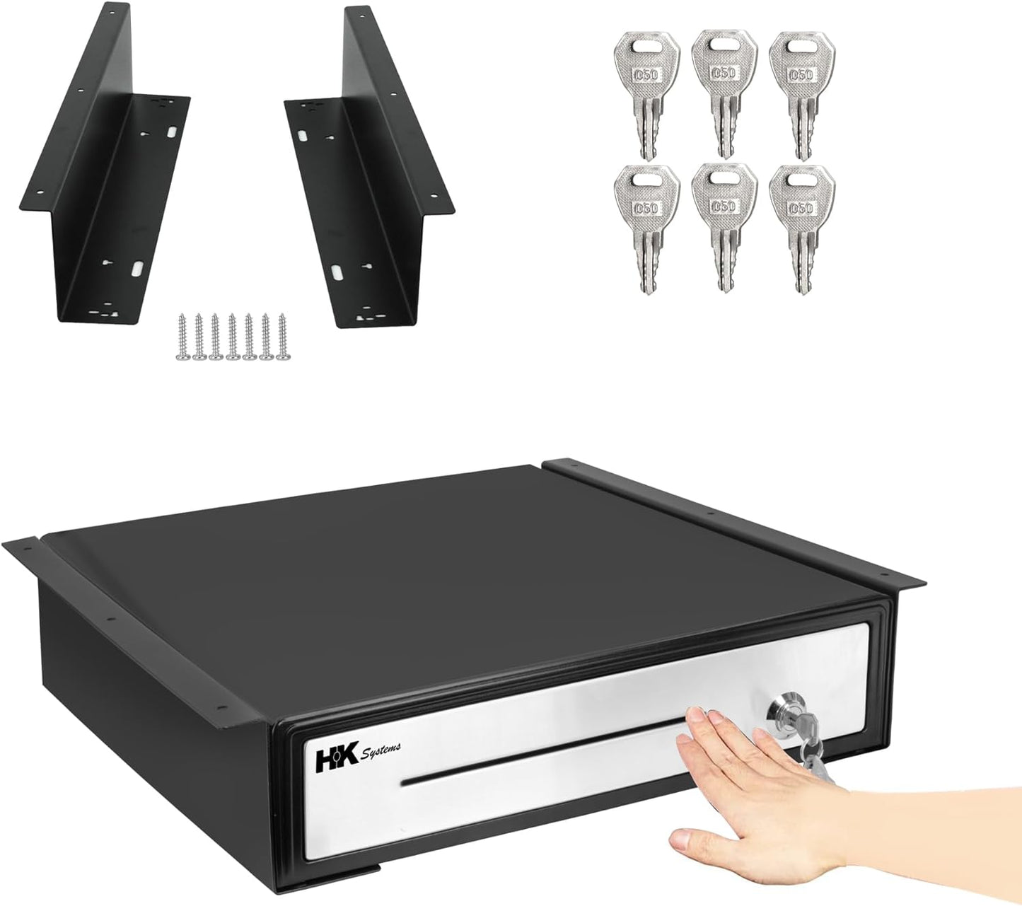 HK SYSTEMS 16" Heavy Duty Black "Push" Open Cash Drawer, 5B5C with Under Counter Mounting Metal bracket