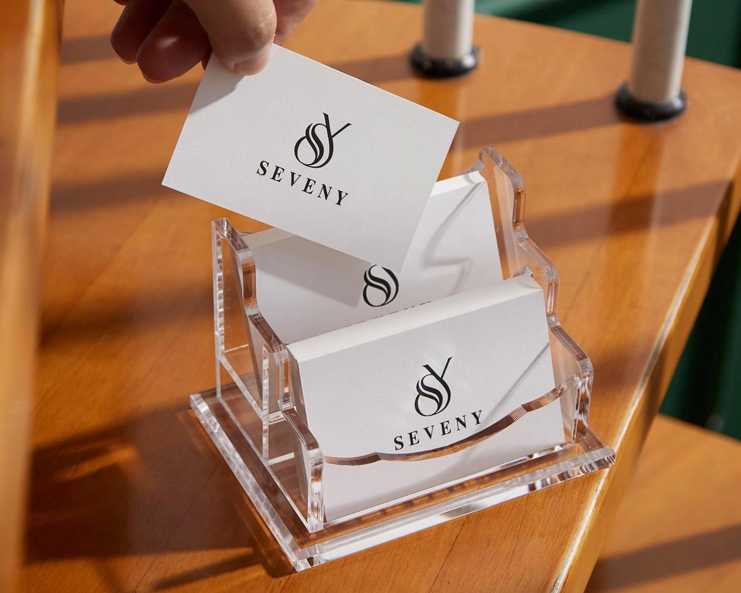 SEVENY Business Card Holder, Clear Acrylic Cards Organizer Stand for Men and Women, Business Cards Case Rack 1 Pack, Holds 120 Cards-2 Slot