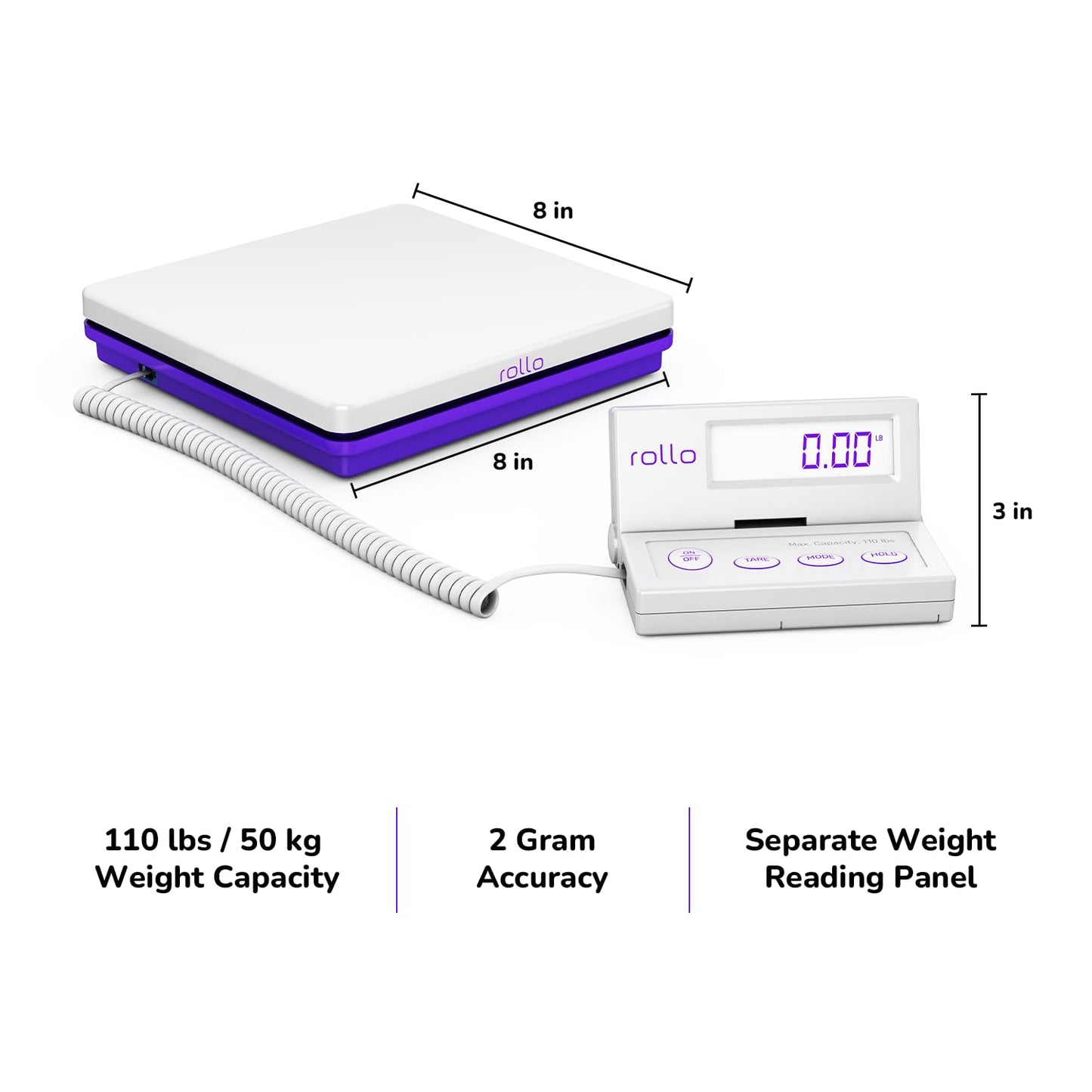 Rollo Shipping Scale For Packages - Digital Shipping Postal Scale (110 Lb Max) - Hold and Tare Functions - Includes AC Adapter and 2x AAA Batteries