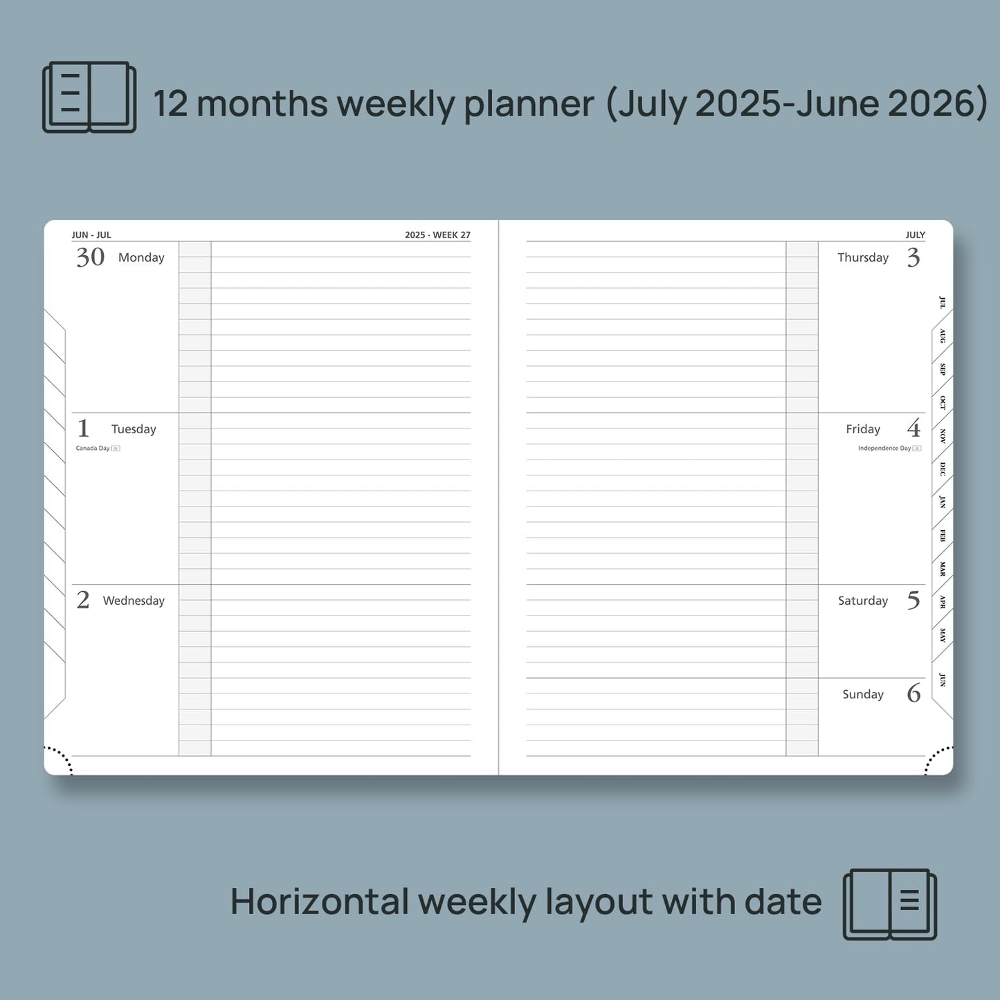 POPRUN Planner 2025-2026 (Large 8.5''x 10.5''), Horizontal Weekly Notebook Jul.2025 - Jun.2026, Academic Appointment Book with Monthly Tabs, Leather Hardcover, Inner Pocket, 100 GSM - Black