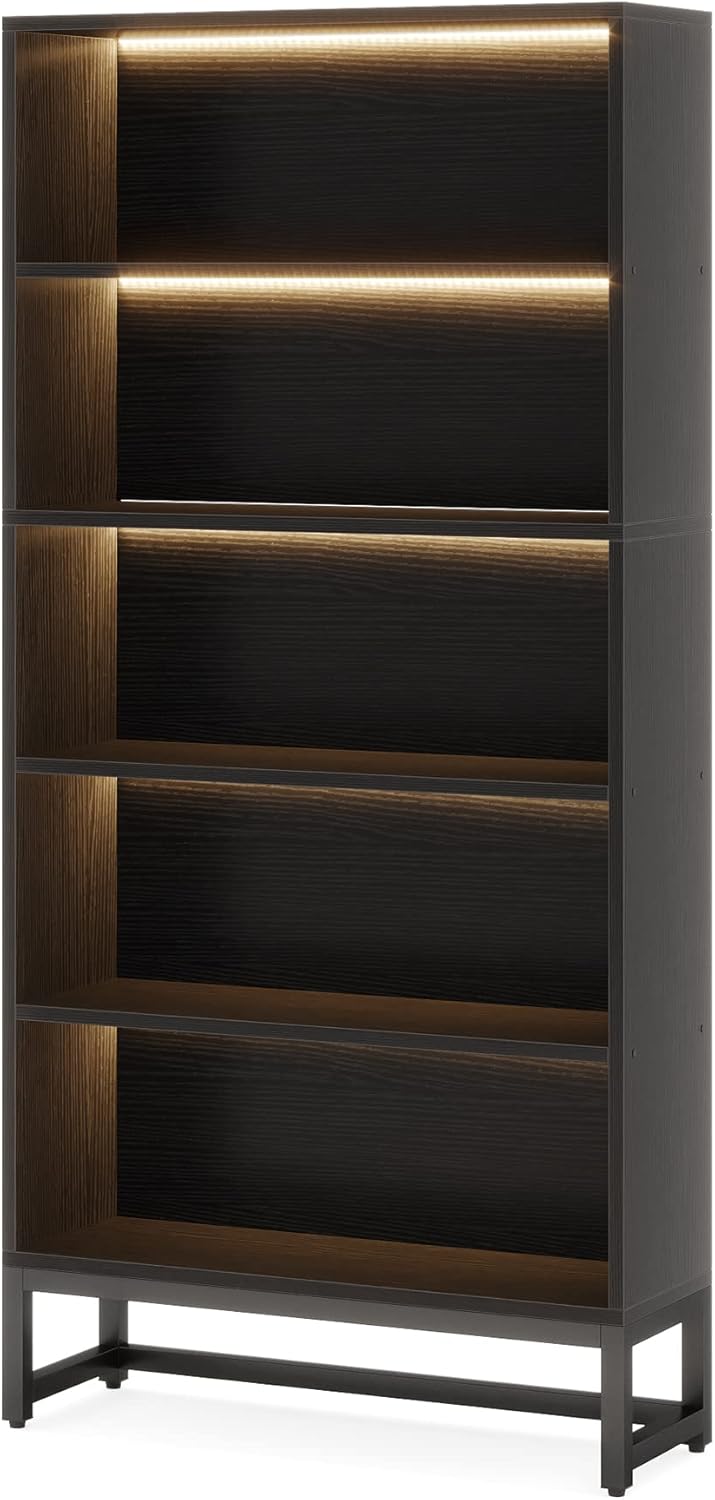Tribesigns Tall Bookcase Black Bookshelf, 70.8” Large Bookcases Organizer with LED Lights, Heavy Duty Free-Standing Library Bookshelf with 5-Tier Storage Shelves for Living Room, Bedroom (Black)