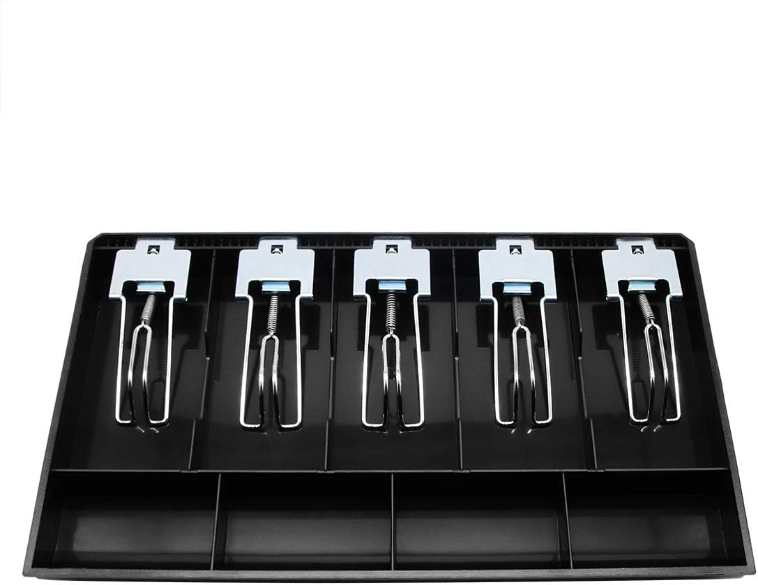 Cash Register Drawer Insert Tray 5 Bill/4 Coin Compartments with Metal Clip for Money Storage, Black