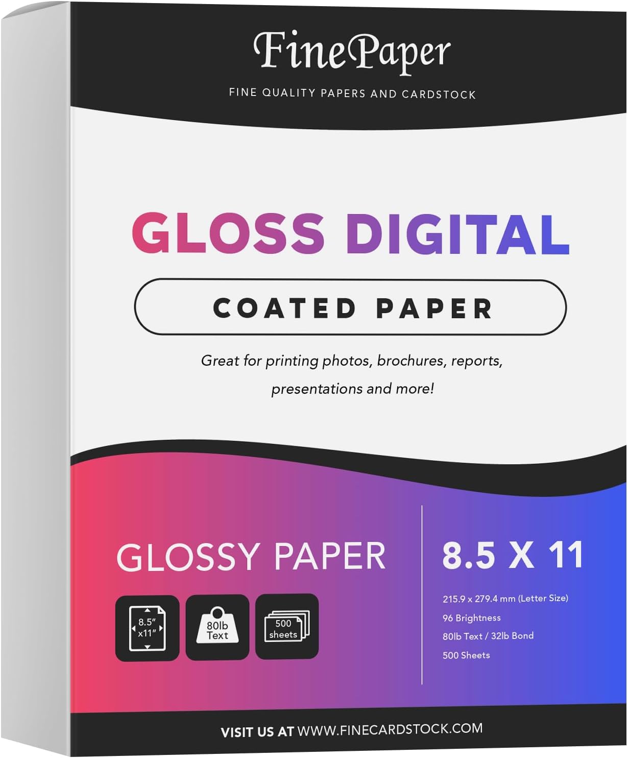 8.5x11 Gloss Digital Paper, Perfect for Color Laser Printing, Design Proposals, Flyers, Brochure, 8.5 x 11” Letter Size, 80lb Text (32lb Bond) 96 Bright, Acid Free, Glossy Coated Finish | 500 Sheets