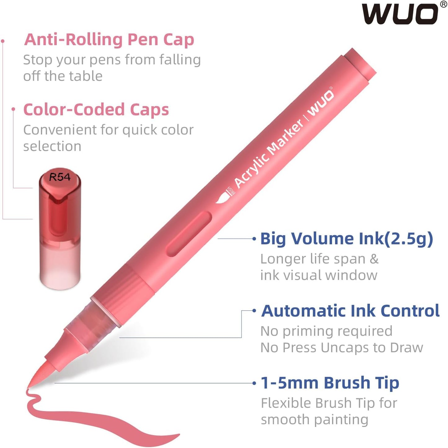 WUO 60 Colors Acrylic Paint Markers (2 Metallic), Automatic Ink Control Brush Tip for Multi-Surface, Water-Based No-Bleed Markers Acrylic Paint Pens for Rock Painting, Wood, Canvas, Glass, DIY Crafts