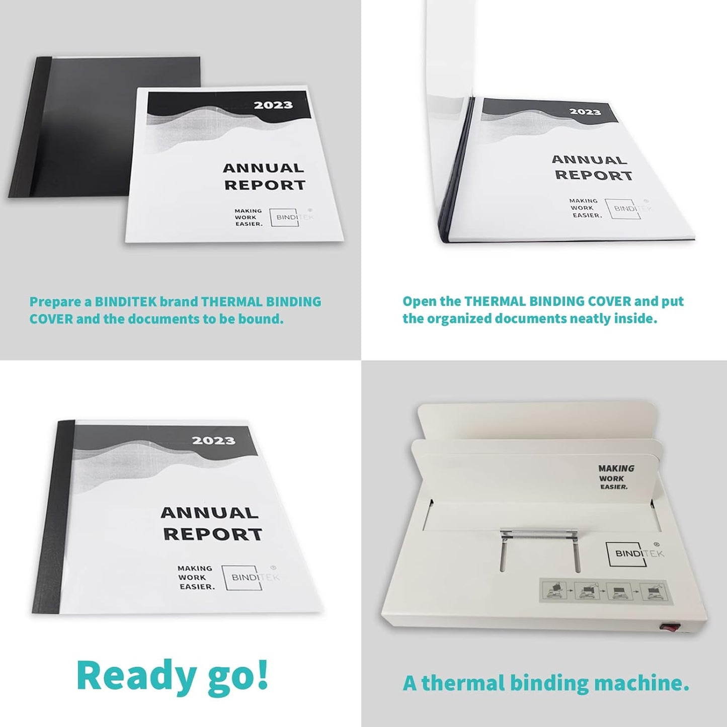 Binditek 10 Pack Thermal Binding Presentation Covers, 1/8 Inch Spine, Holds 30 Sheets, Ultra Clear Front Cover, Blue Paper Back Cover, Letter Size, for Students and Coworkers