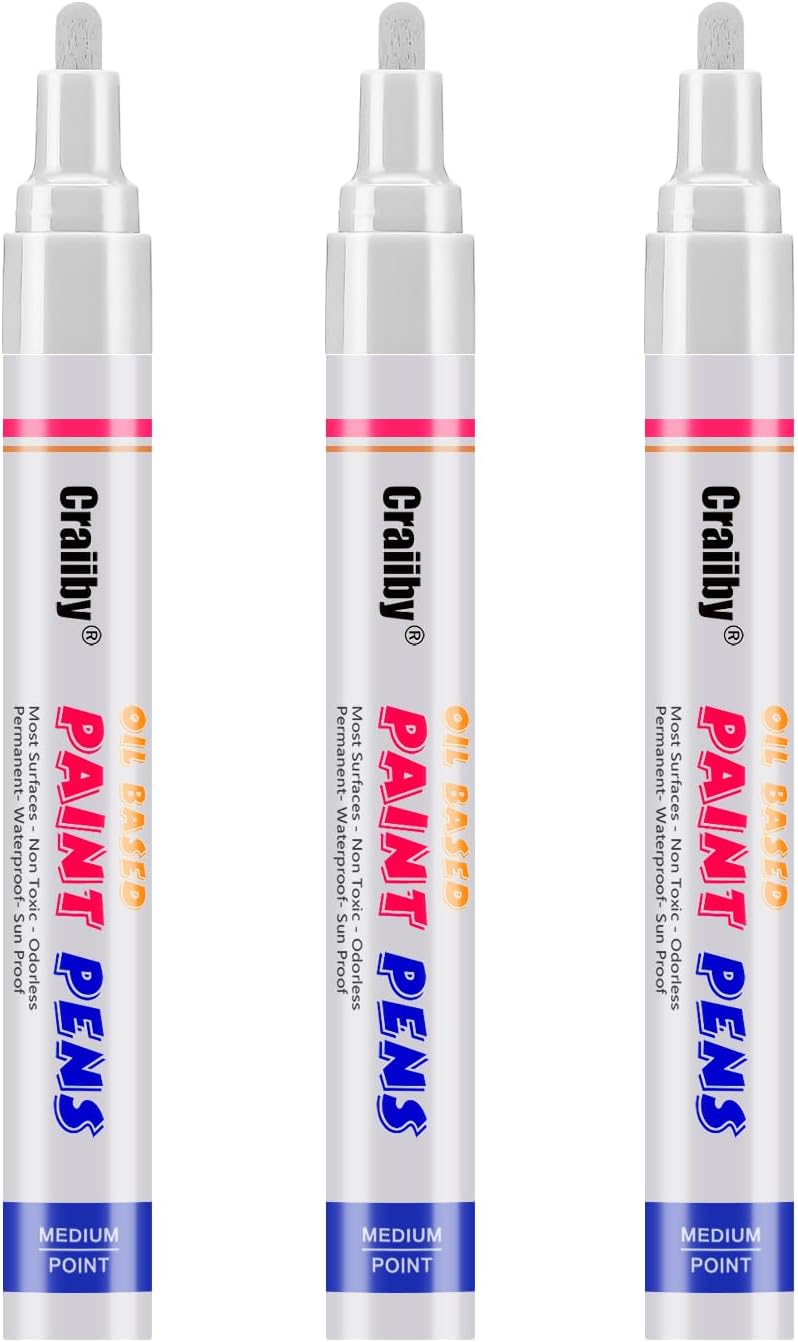 White Paint Markers, 3 Pack Oil-Based Waterproof Quick Dry Permanent Paint Pen Set for Rocks Painting, Wood, Fabric, Plastic, Canvas, Glass, Mugs, Metal, Tire, Stone, DIY Craft